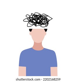 Depressive Menschen mit negativen Gedanken. Junge offene Kopf mit chaotischen Linien. Depression, psychische Gesundheit, Druck, Angst, Brenout-Konzept.  Flacher Cartoon-Charakter, Vektordesign-Illustration.