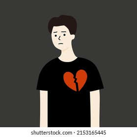 Hombre deprimido con trozos de corazón rojo roto. Niño triste que sufre depresión. Amor, ruptura, soledad, salud mental, concepto de divorcio. Dibujo aislado de diseño vectorial de caricatura plana.