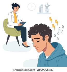 Depressed man in psychotherapy session with woman, struggling with anxiety and stress, providing mental health support to patient, illustration for medical article