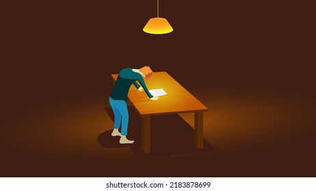 A depressed man reading a letter on the table