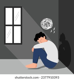 Depressed man sit and hugging his knees in the darness room. Cartoon flat vector illustration