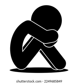 Depressed Man sit on floor feeling unhappy, sad, upset, lonely, crying, tired. Mental health problem. Depression disorder, anxiety, crisis, tears, exhaustion, loss, overworked. Line icon symbol set.