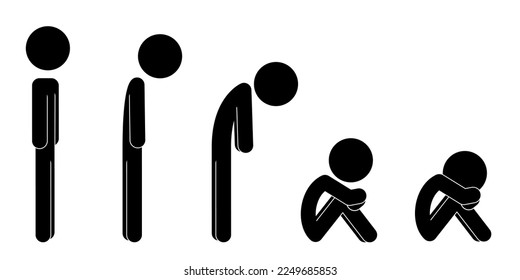 Depressed Man sit on floor feeling unhappy, sad, upset, lonely, crying, tired. Mental health problem. Depression disorder, anxiety, crisis, tears, exhaustion, loss, overworked. Line icon symbol set.