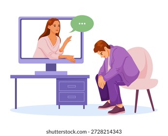 El hombre deprimido se sienta durante la sesión de terapia virtual, la consejera femenina habla desde el monitor, estilo plano, fondo blanco. Concepto de salud mental. Ilustración vectorial