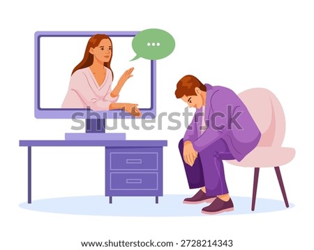Depressed man sits during virtual therapy session, female counselor speaks from monitor, flat style, white background. Mental health concept. Vector illustration