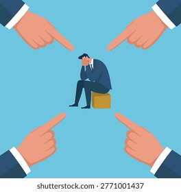 A depressed man sits isolated as giant fingers point at him from all sides, representing concepts of shame, guilt, scapegoating, and harsh judgment