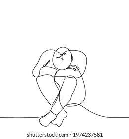 depressed man sits the floor and his head resting his forearms   his legs crossed at the knees    one line drawing  the concept grief  despair  suffering  mental problems  problems in life