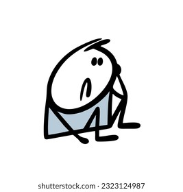 Depressed man sits on the ground and thinks sadly about his trouble. Vector illustration of a loser stickman. Hand drawn stick figure character isolated on white background.