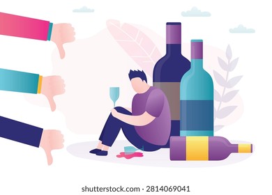 Depressed man sits surrounded by giant wine bottles, holding glass with alcohol. Hands show thumbs down as sign of social disapproval and judgment. powerful alcohol addiction. flat vector illustration