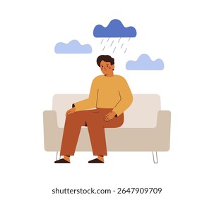 O homem deprimido senta-se sob nuvens chuvosas. Triste homem caucasiano sofre de insônia, transtorno ansioso, esgotamento, pressão emocional ou faturamento sozinho em casa.