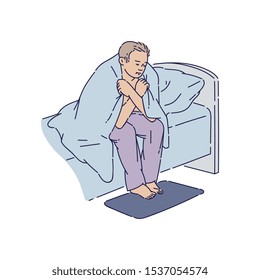 Depressed man sitting at bed edge covered with blanket sketch style, vector illustration isolated on white background. Tired man suffering insomnia or anxiety thoughts or nightmares