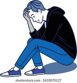 Depressed Man Sitting with Head in Hand – Mental Health Vector Icon