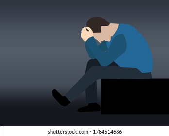 Depressed man sitting head in hands on the stone with dark grey background dramatic Illustration concept, Depression, pain, suffering