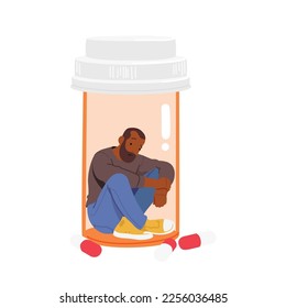 Hombre deprimido sentado dentro de la botella con comprimidos médicos. Carácter masculino enfermo con problemas de salud. Tratamiento Antidepresivo, Cura De Enfermedades O Trastorno. Ilustración de vectores de personas de caricatura