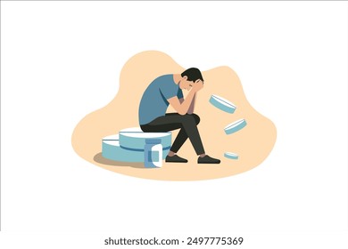 Depressed man sitting on Big Pill, leaning on his hands, having financial troubles during quarantine or suffering from loneliness, vector, illustration