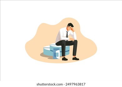 Depressed man sitting on Big Pill, leaning on his hands, having financial troubles during quarantine or suffering from loneliness, vector, illustration