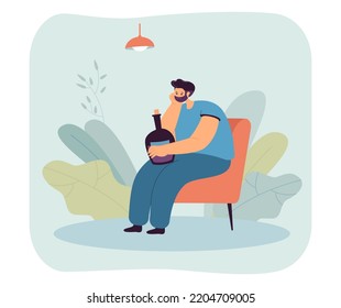 Depressed man sitting on chair with alcohol bottle. Sad person holding alcoholic drink flat vector illustration. Addiction, health, alcoholism concept for banner, website design or landing web page