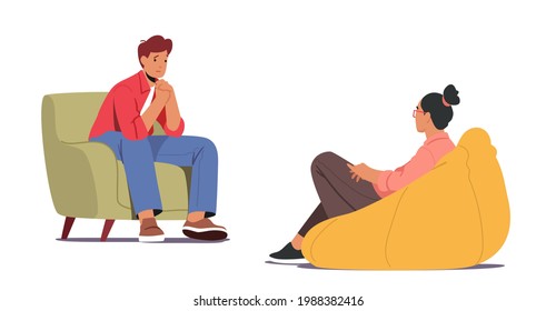 Depressed Man Sitting on Couch at Psychologist Appointment for Professional Help. Doctor, Specialist Character Talking with Patient about Mind Health Problem. Cartoon People Vector Illustration