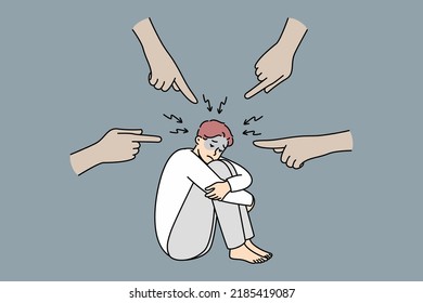 Depressed man sitting on floor feeling anxiety from hands pointing at him. Anonymous people fingers making stressed male guilty. Depression and anxiety. Vector illustration. 