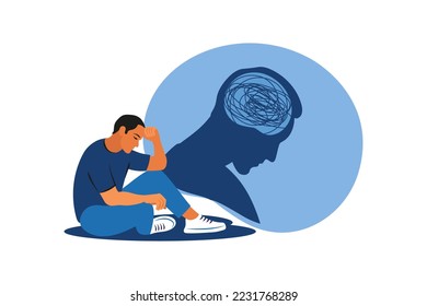 Depressed man sitting on floor. Mental health concept. Depression, bipolar disorder, obsessive compulsive, post traumatic stress disorder. Vector illustration.