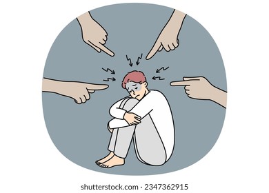 Depressed man sitting on floor feeling anxiety from hands pointing at him. Anonymous people fingers making stressed male guilty. Depression and anxiety. Vector illustration.