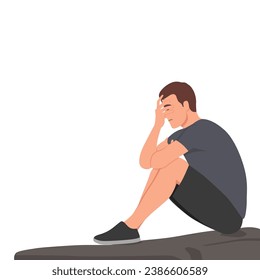 Depressed man sitting on floor. Mental health concept. Depression, bipolar disorder, obsessive compulsive, post traumatic stress disorder. Flat vector illustration isolated on white background