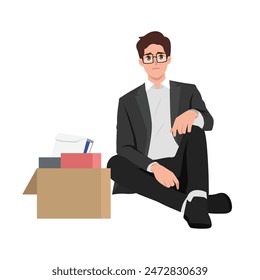 Depressed man sitting on floor leaning on his hands, having financial troubles. Flat vector illustration isolated on white background