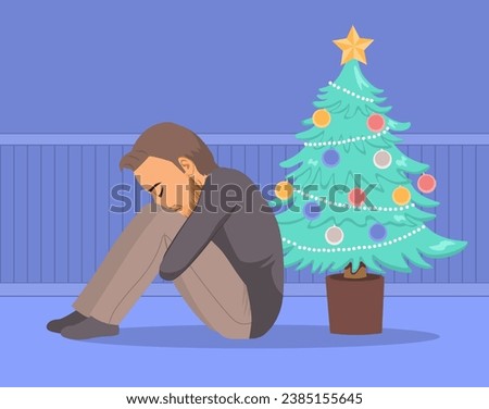 Depressed man sitting on floor on Christmas holidays vector illustration. Mental health concept. Depression, bipolar disorder, obsessive compulsive, post traumatic stress disorder