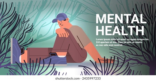 hombre deprimido sentado en el suelo chico triste que sufre de enfermedades psicológicas ansiedad conciencia de salud mental concepto de mes