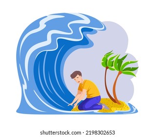 Depressed man sitting on island in front of tsunami wave. Troubles covering lonely stressed man sitting on island. Businessman suffering from depression, crisis, financial problems cartoon vector