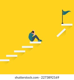 Depressed man sitting on the stairs with success flag on the top of stairs. Failure in life illustration