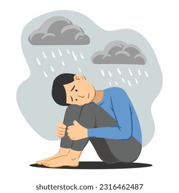 Depressed man sitting with a rain cloud over his head,Vector illustration.