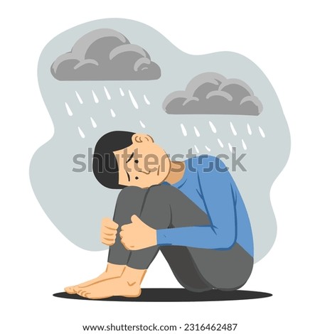 Depressed man sitting with a rain cloud over his head,Vector illustration.