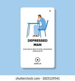 Depressed Man Sitting At Table And Crying Vector. Sadness And Depressed Man Covering Face Feeling Anxious And Lonely. Desperate Character Boy Stressing And Headache Web Flat Cartoon Illustration
