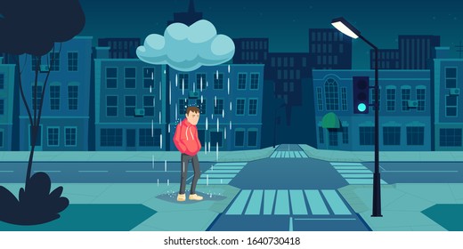 Depressed man stand under cloud with falling rain on empty night city street near crossroad with dark buildings and glowing lamp. Depression, mental problems, loneliness Cartoon vector illustration
