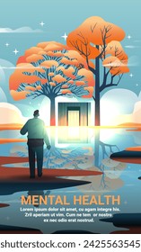 depressed man standing near open door between trees outdoor in park man suffering from psychological diseases anxiety mental health awareness