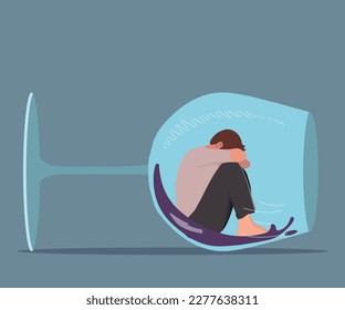 Depressed Man Suffering from Alcoholism Vector Conceptual Illustration. Unhappy alcohol addict suffering from withdrawal syndrome feeling depressed.