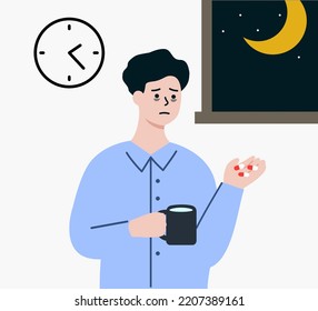 Depressed man taking pills with glass of water at night. Insomnia, medication treatment, healthcare, lifestyle, addiction, mental health concept. Flat character vector design isolated illustration.