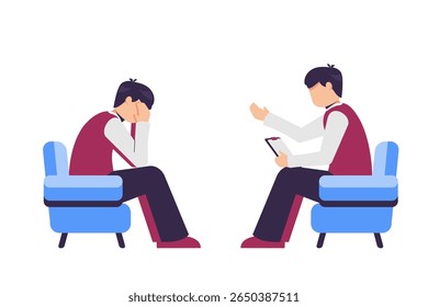 depressed man talking with psychologist . Mental health, psychologist consultation and help. Vector illustration