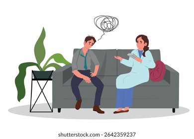 depressed man in therapy with a psychologist or psychiatrist, vector illustration.