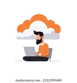 Depressed man under cloud working on laptop vector illustration isolated