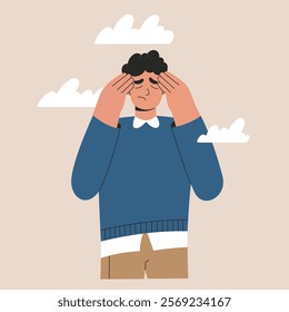 Depressed man under clouds, sad person has headache in bad mood covers his face with hands. Psychological disorder and mental health problems concept. Burnout and depression, flat vector illustration
