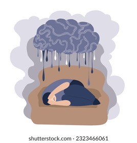 Depressed man under grey cloud like brain with rain. Vector metaphor for person in depression  lying at sofa in stress. Psychology problems, frustration troubles