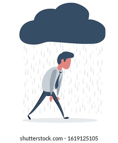 depressed man walking with a cloud of rain over his head. Vector flat design illustration.