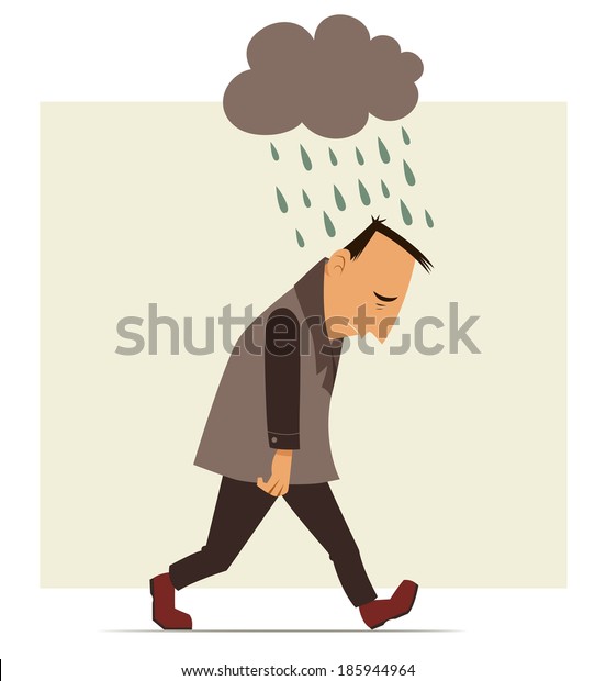 depressed\
man walking with a cloud of rain over his\
head