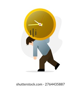 depressed man walking with head down while carrying heavy clock on his shoulder. time anxiety, pressure of deadlines, stress, burnout, fear of running out of time. Concept of mental health