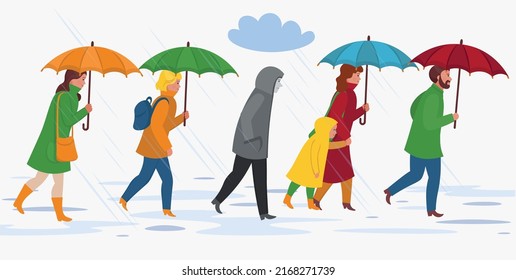 Depressed man walking in the rain with a cloud of rain over his head. People with umbrella, walking under the rain. Autumn flat cartoon illustration