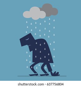 Depressed man walking under Rain Cloud