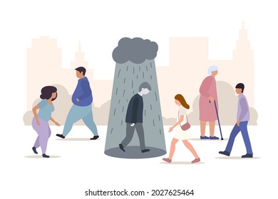 Depressed man walks under cloud with falling rain on crowded city street. Depression, mental problems, loneliness cartoon vector illustration 