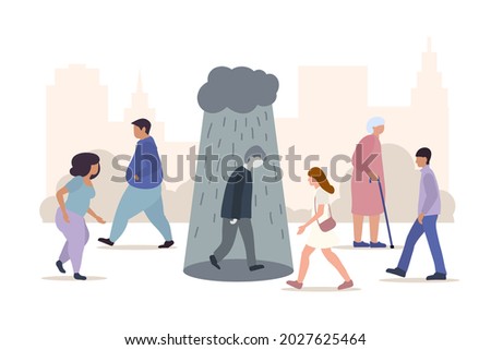 Depressed man walks under cloud with falling rain on crowded city street. Depression, mental problems, loneliness cartoon vector illustration 